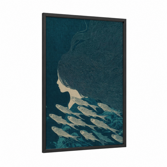 Ocean Siren framed art print — black wood frame — teal and cream palette