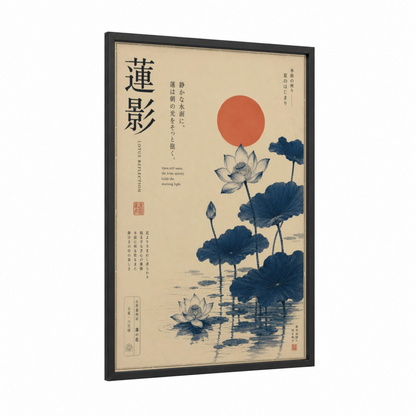 Japanese Lotus Sunrise Wall Art framed art print — black wood frame — beige and blue palette