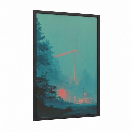 Crimson Turbine framed wind turbine print — black wood frame — teal and salmon pink palette