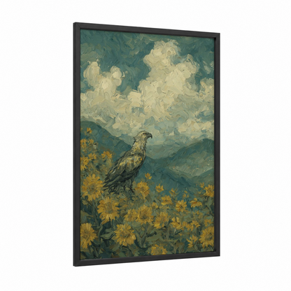 Sunflower Griffin framed art print — black wood frame — teal and gold palette