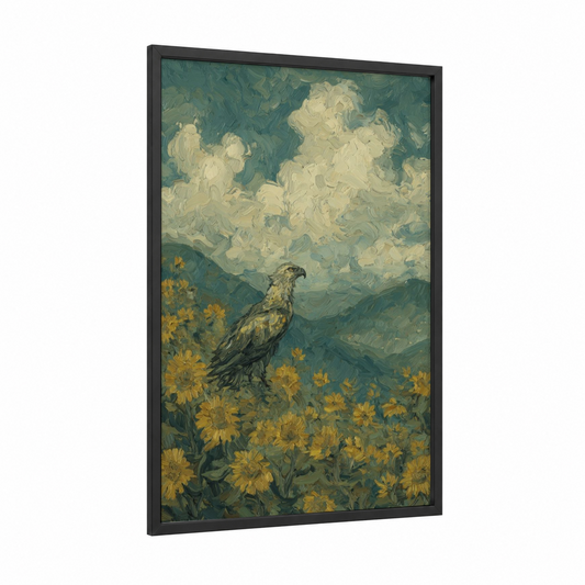 Sunflower Griffin framed art print — black wood frame — teal and gold palette