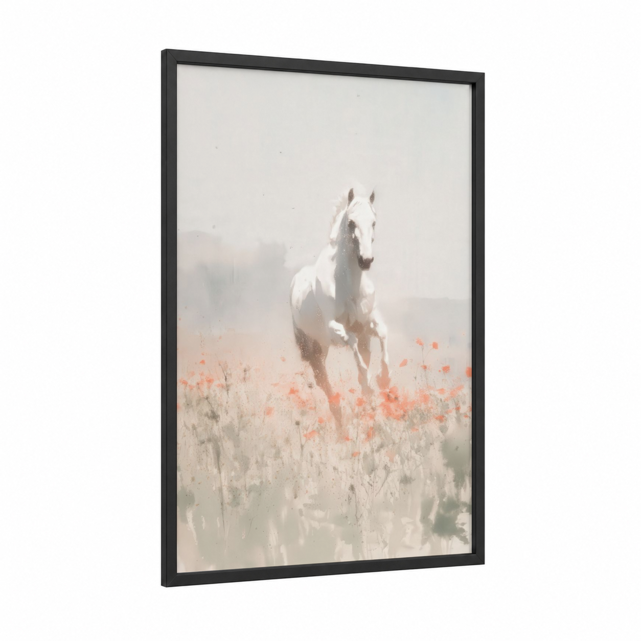 Misty Thoroughbred framed thoroughbred horse print — black wood frame — white and peach palette
