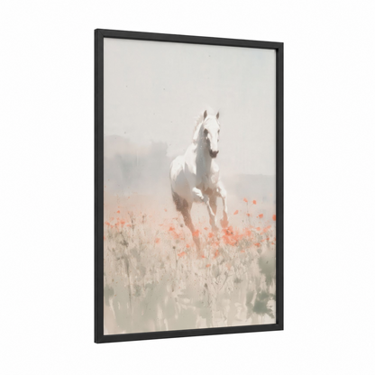 Misty Thoroughbred framed thoroughbred horse print — black wood frame — white and peach palette