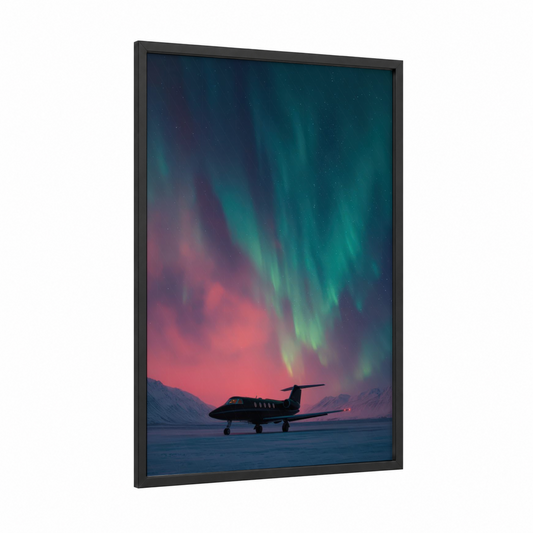 Arctic Aurora Jet framed private jet print — black wood frame — teal and salmon pink palette