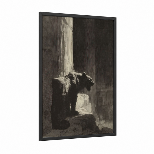 Shadowed Leopard framed art print — black wood frame — black and white palette
