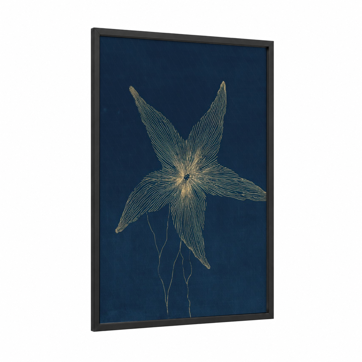 Golden Starfish framed art print — black wood frame — dark blue and gold palette