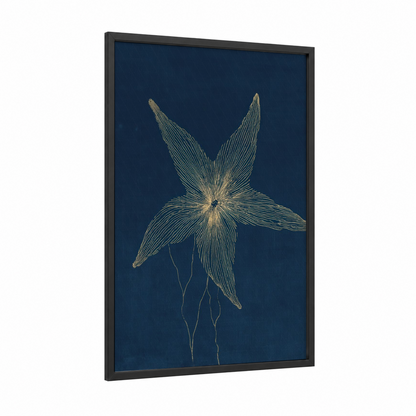 Golden Starfish framed art print — black wood frame — dark blue and gold palette