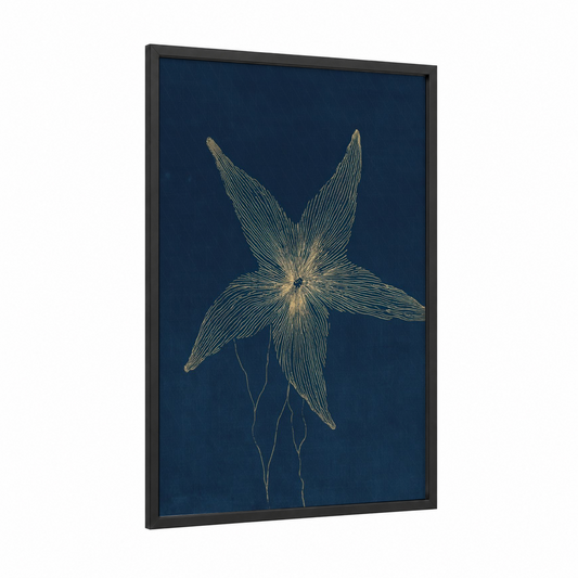 Golden Starfish framed art print — black wood frame — dark blue and gold palette
