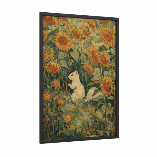 Sunflower Squirrel framed art print — black wood frame — gold and dark green palette