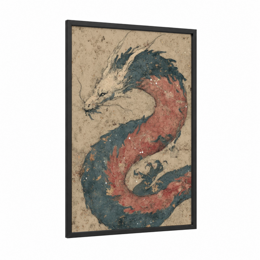 Crimson Dragon framed art print — black wood frame — maroon and dark blue palette