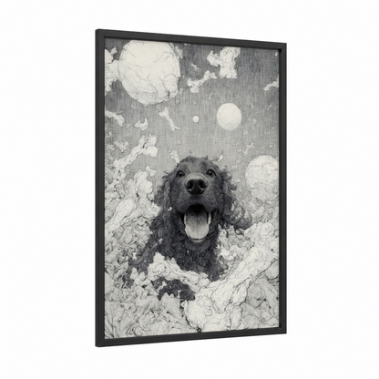 Cloud Setter Joy framed art print — black wood frame — black and white and gray palette