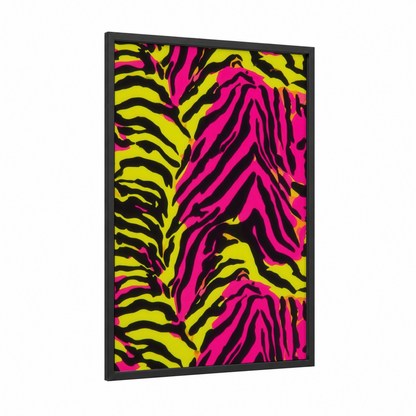Neon Zebra Stripes framed art print — black wood frame — magenta and yellow gold palette