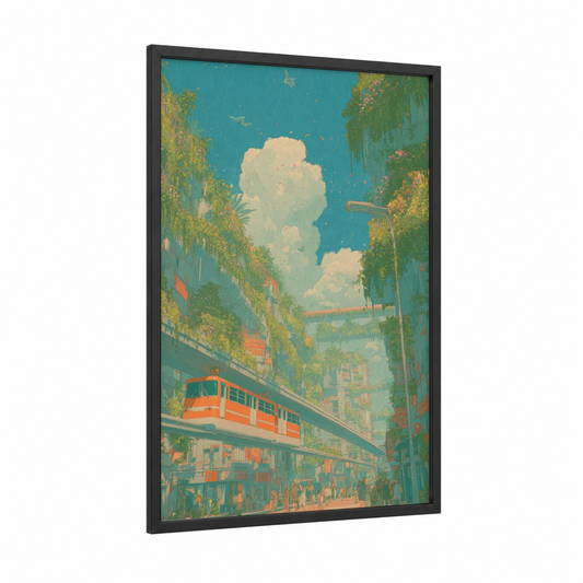 Elevated Urban Sanctuary framed train tracks print — black wood frame — teal and yellow palette