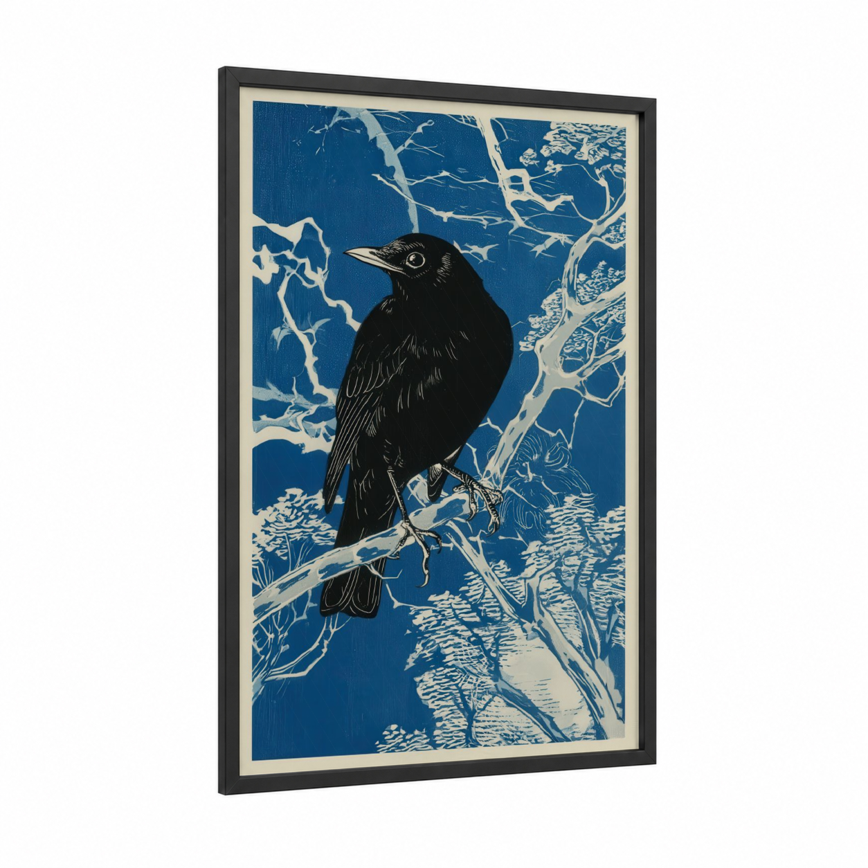 Perched Thrush framed art print — black wood frame — blue and white palette