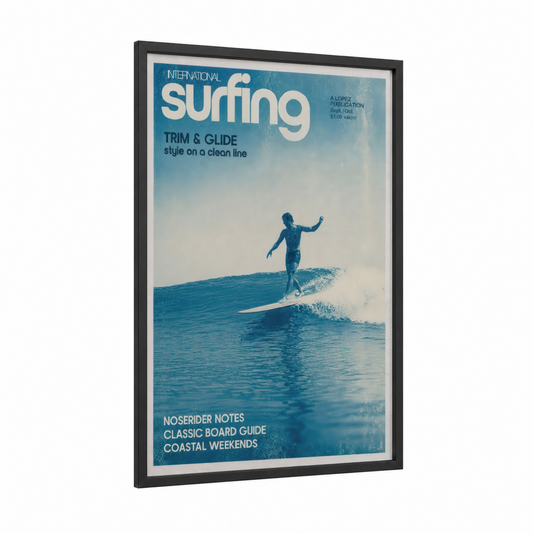 Vintage Surfing Magazine Cover Wall Art framed water surfing print — black wood frame — blue and blue and white palette