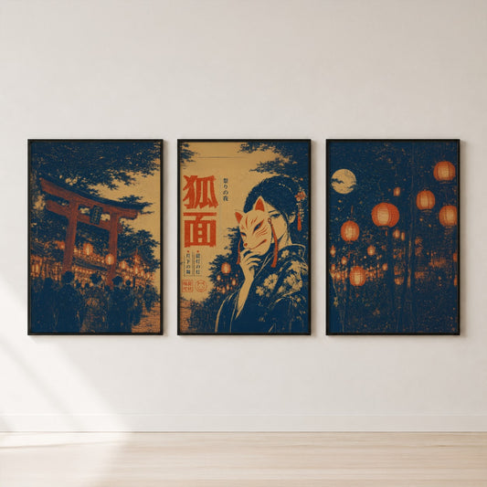 Japanese Fox Festival Triptych Wall Art Set — set hero