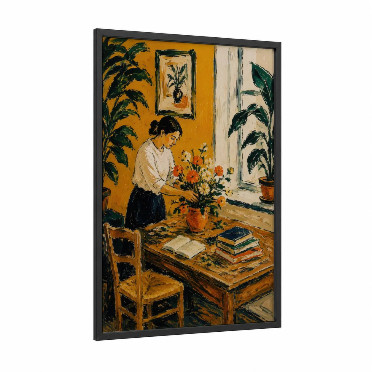 Woman Arranging Flowers Interior Wall Art framed art print — black wood frame — gamboge and orange palette