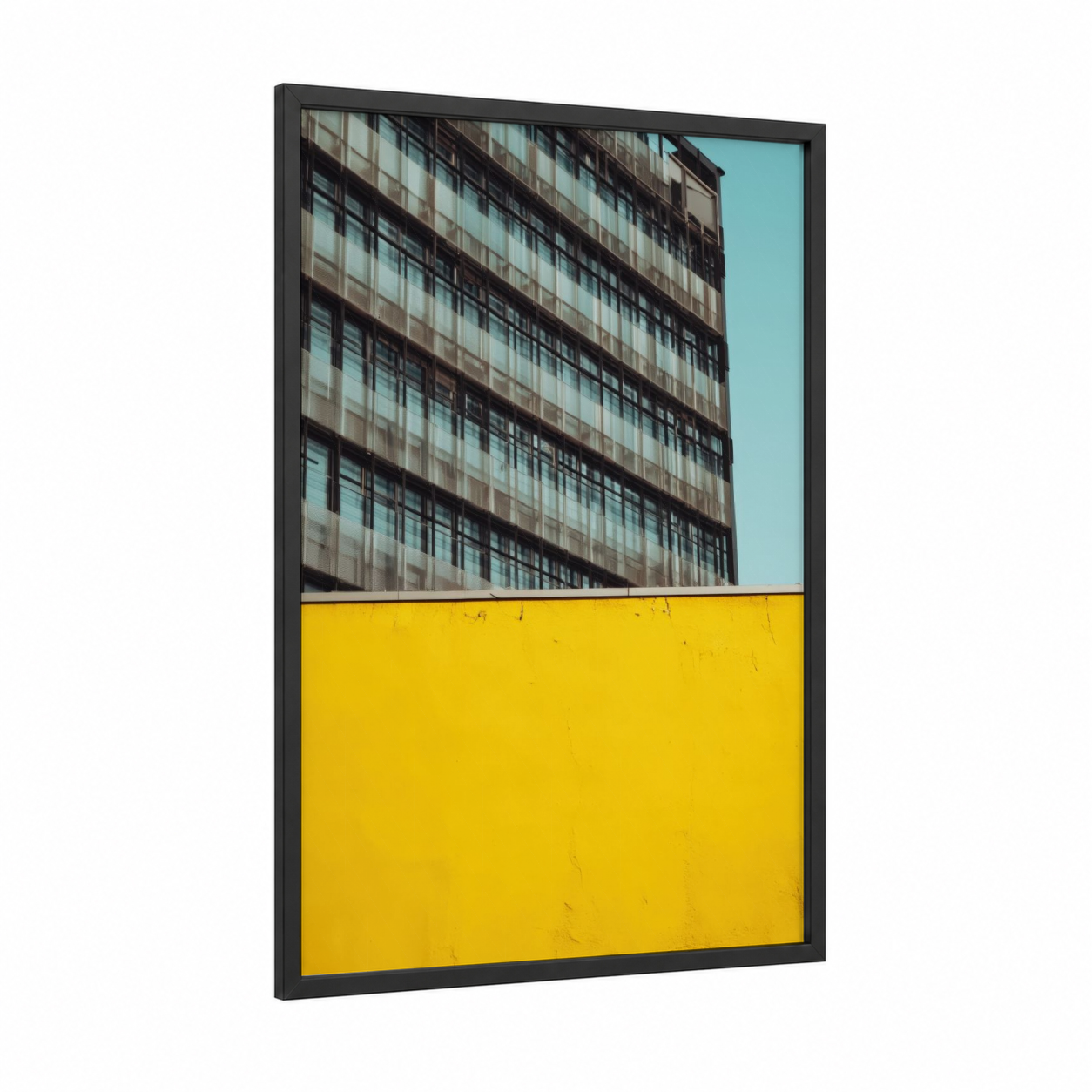 Urban Geometry framed abstract architecture print — black wood frame — yellow gold and blue and white palette