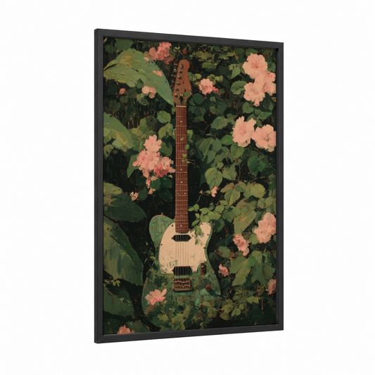 Garden Guitar framed electric guitar print — black wood frame — green and peach palette
