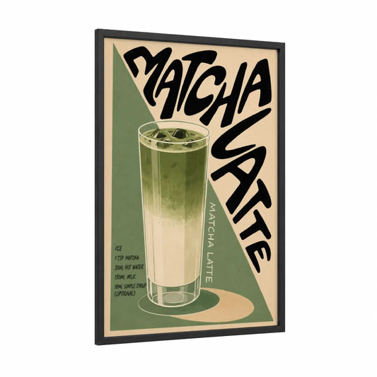 Matcha Latte Vintage Poster Wall Art framed tea print — black wood frame — sage green and beige palette