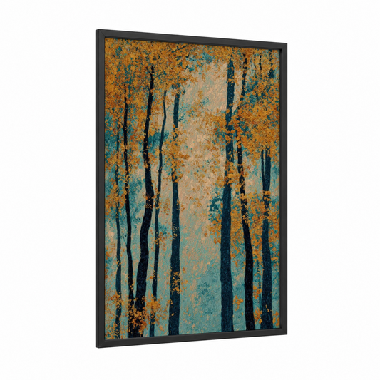 Golden Maple Forest framed art print — black wood frame — orange and teal palette
