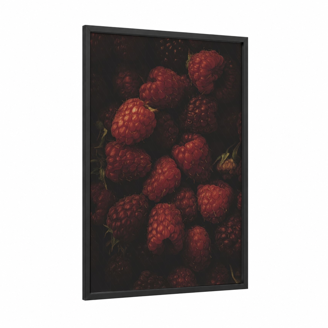 Crimson Raspberries framed fruit print — black wood frame — maroon and black palette