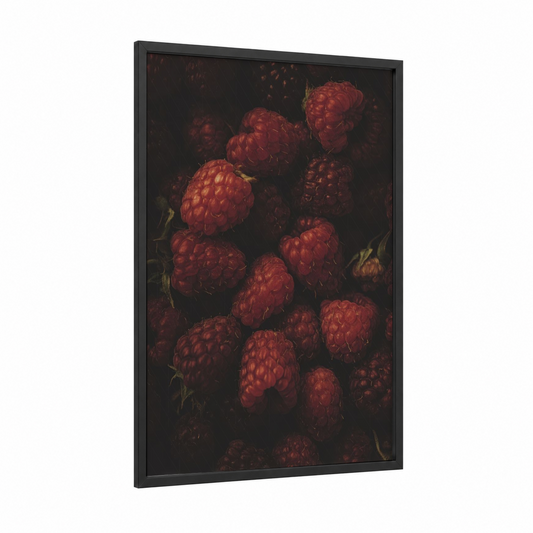 Crimson Raspberries framed fruit print — black wood frame — maroon and black palette