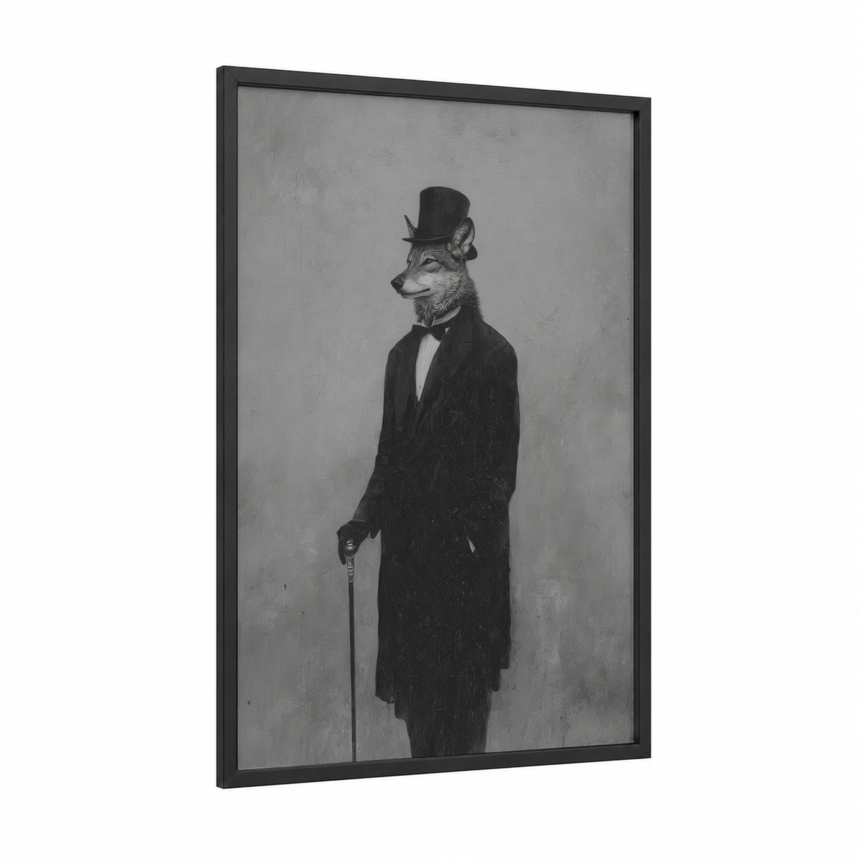 Dapper Wolf framed art print — black wood frame — black and white and gray palette