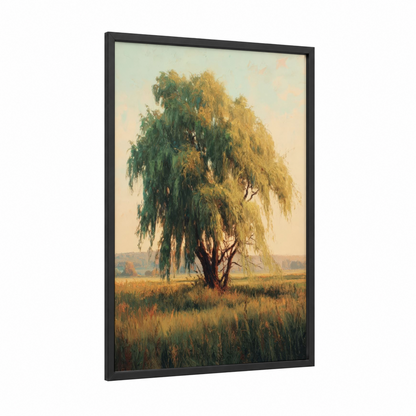 Golden Willow framed willow tree print — black wood frame — gold and light green palette
