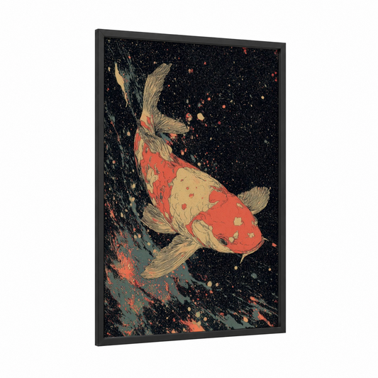 Crimson Koi Cosmos framed koi fish print — black wood frame — red and gold and white palette