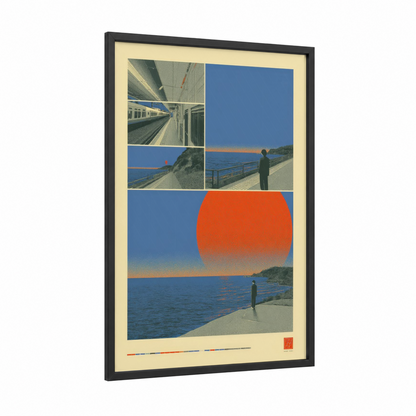 Coastal Reverie framed japanese y2k print — black wood frame — blue and orange palette