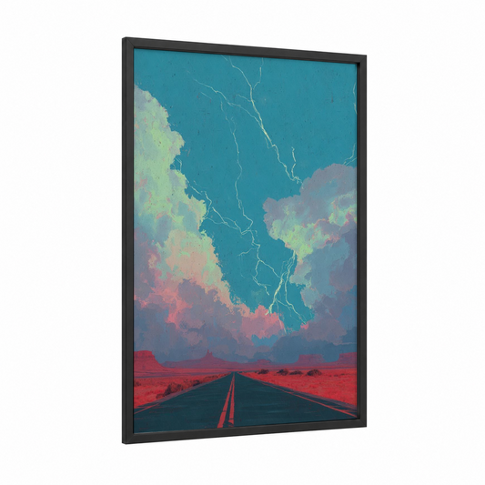Desert Storm Approach framed art print — black wood frame — teal and red palette
