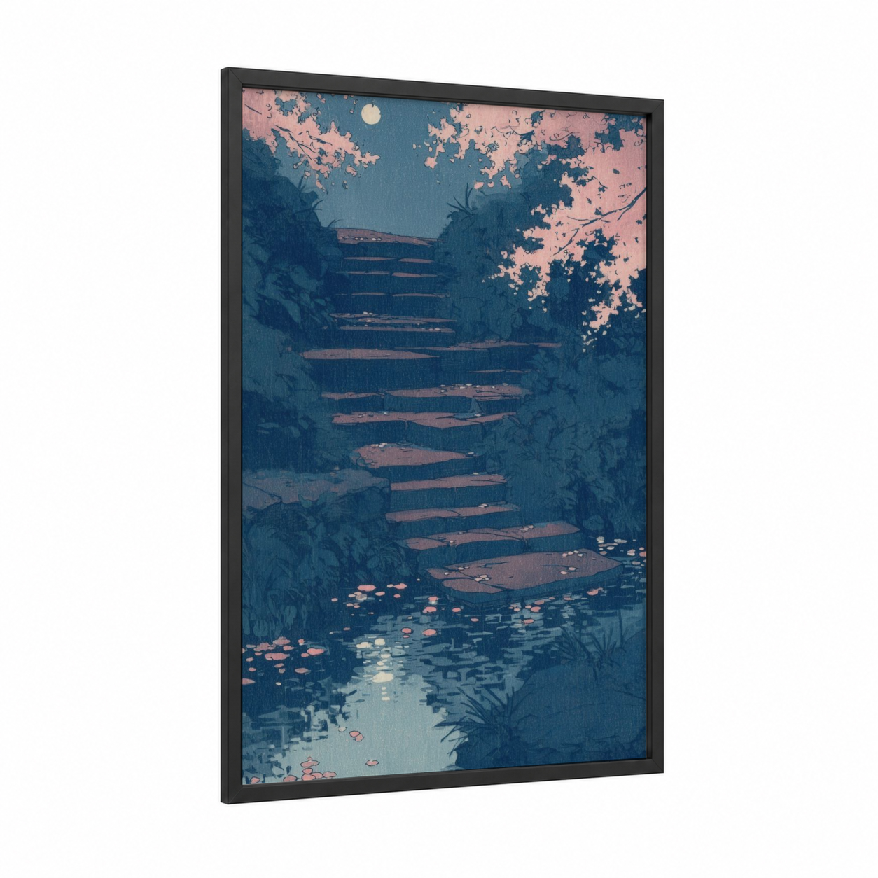 Moonlit Staircase framed art print — black wood frame — blue and peach palette
