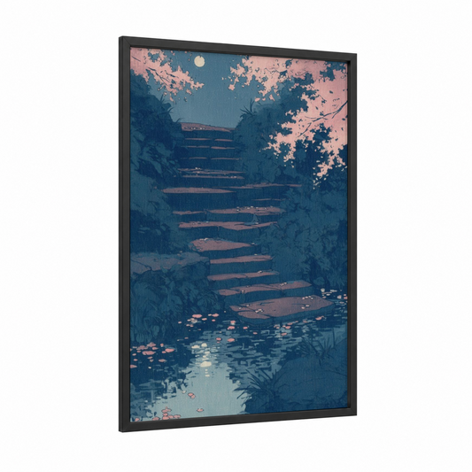 Moonlit Staircase framed art print — black wood frame — blue and peach palette