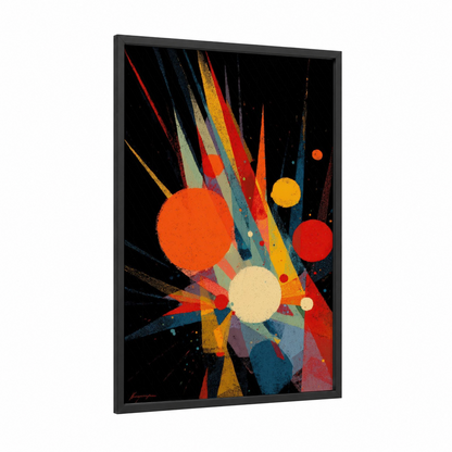 Cosmic Burst Supernova framed art print — black wood frame — orange and blue palette