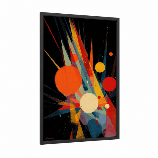 Cosmic Burst Supernova framed art print — black wood frame — orange and blue palette