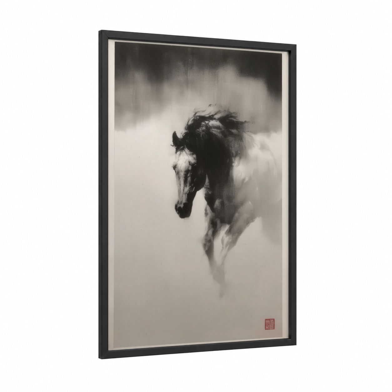 Misty Quarter Horse framed art print — black wood frame — black and white and gray palette