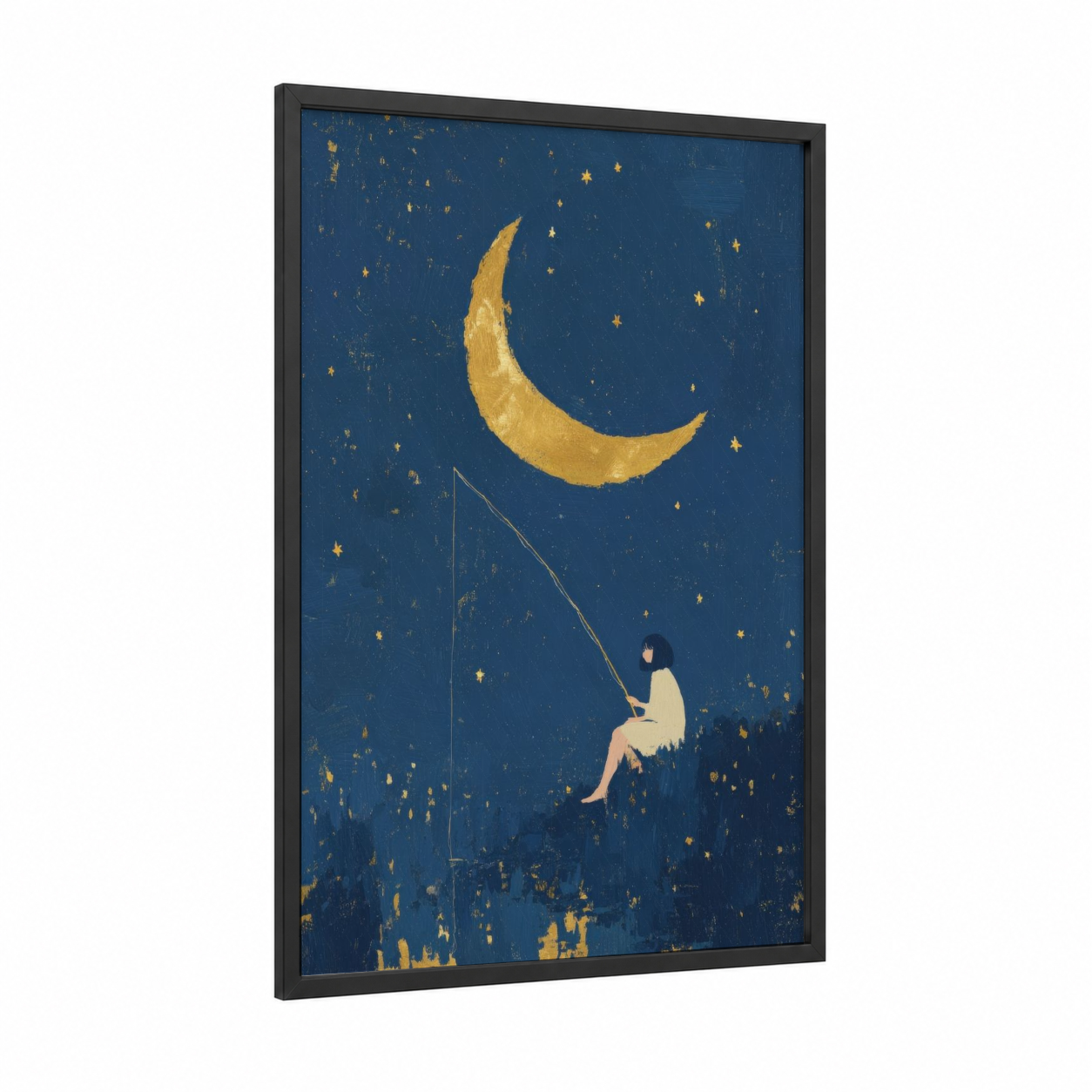 Moon Dreamer Girl framed art for girl print — black wood frame — dark blue and yellow gold palette