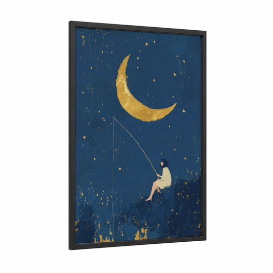Moon Dreamer Girl framed art for girl print — black wood frame — dark blue and yellow gold palette