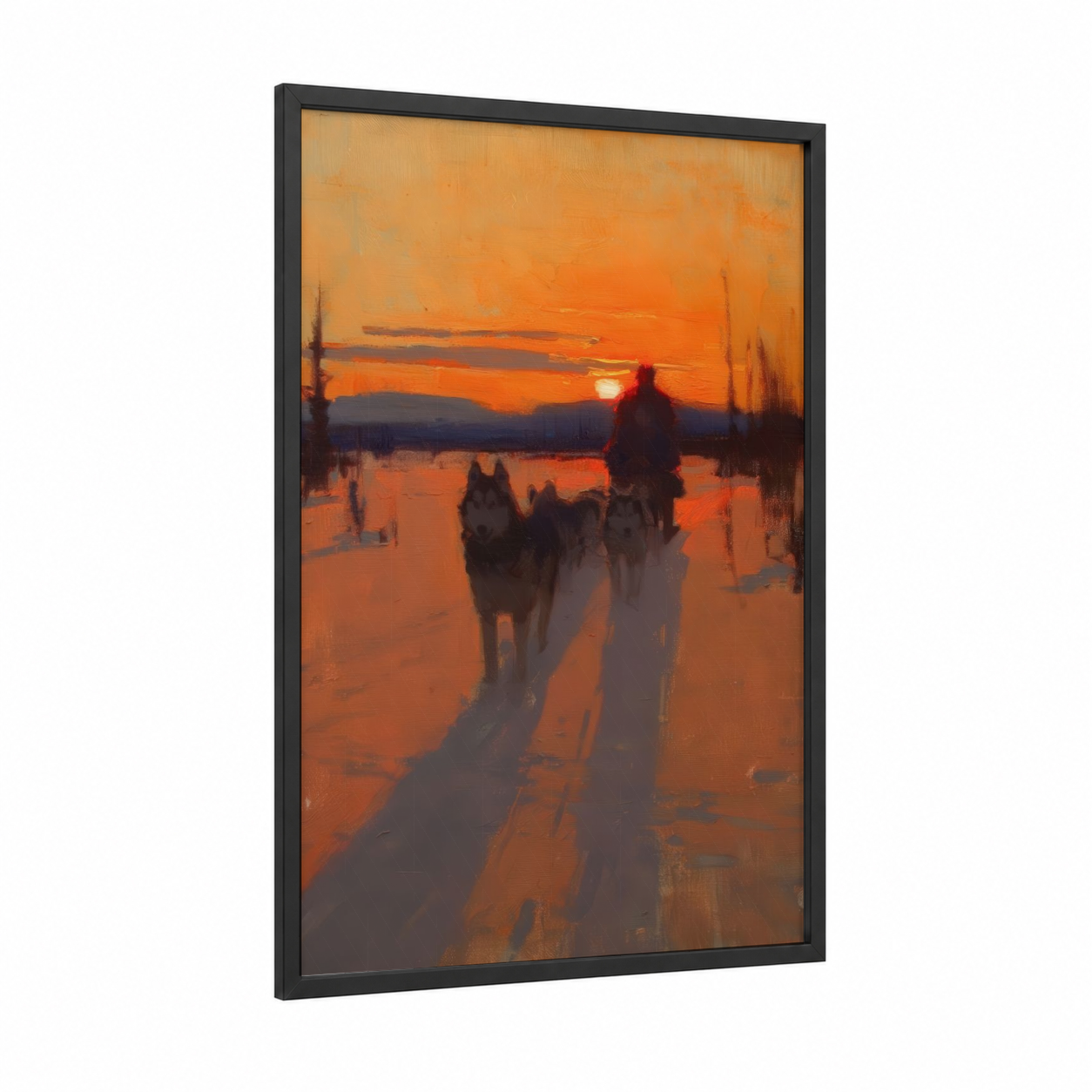 Frozen Husky Journey framed art print — black wood frame — orange and gold palette