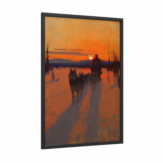 Frozen Husky Journey framed art print — black wood frame — orange and gold palette