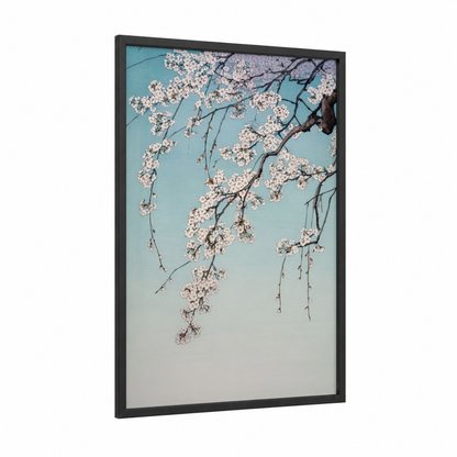 Blooming Cherry Branches framed cherry blossoms print — black wood frame — white and teal palette