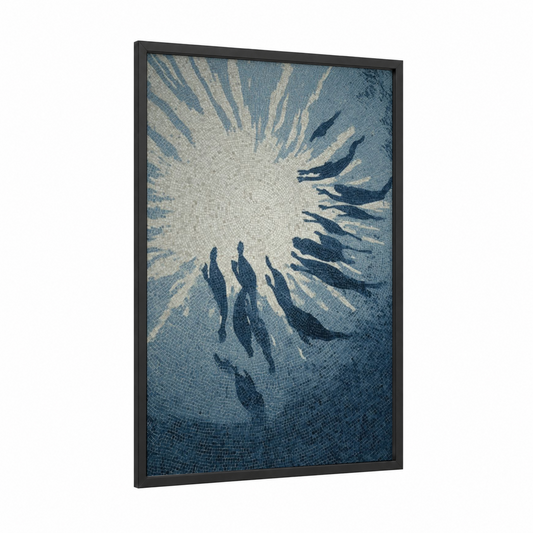 Synchronized Water Dancers framed synchronized swimming print — black wood frame — blue and white and dove gray palette