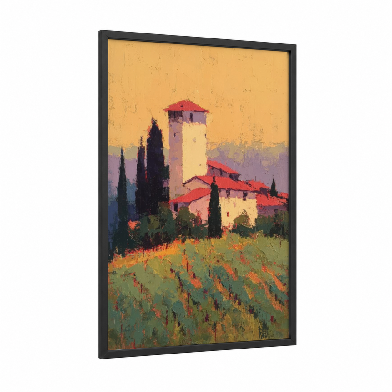 Tuscan Tower Sunset framed towers print — black wood frame — gold and red palette