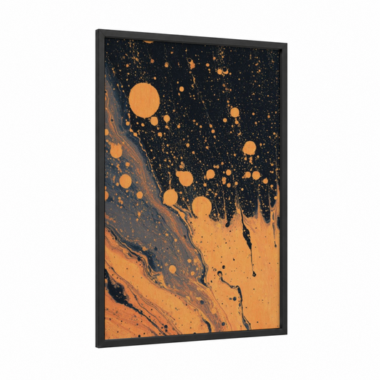 Cosmic Supernova framed art print — black wood frame — gold and black palette