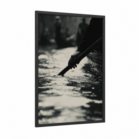 Venetian Oar framed gondola print — black wood frame — black and white and gray palette