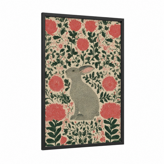 Easter Rabbit Florals framed art print — black wood frame — cream and pink palette