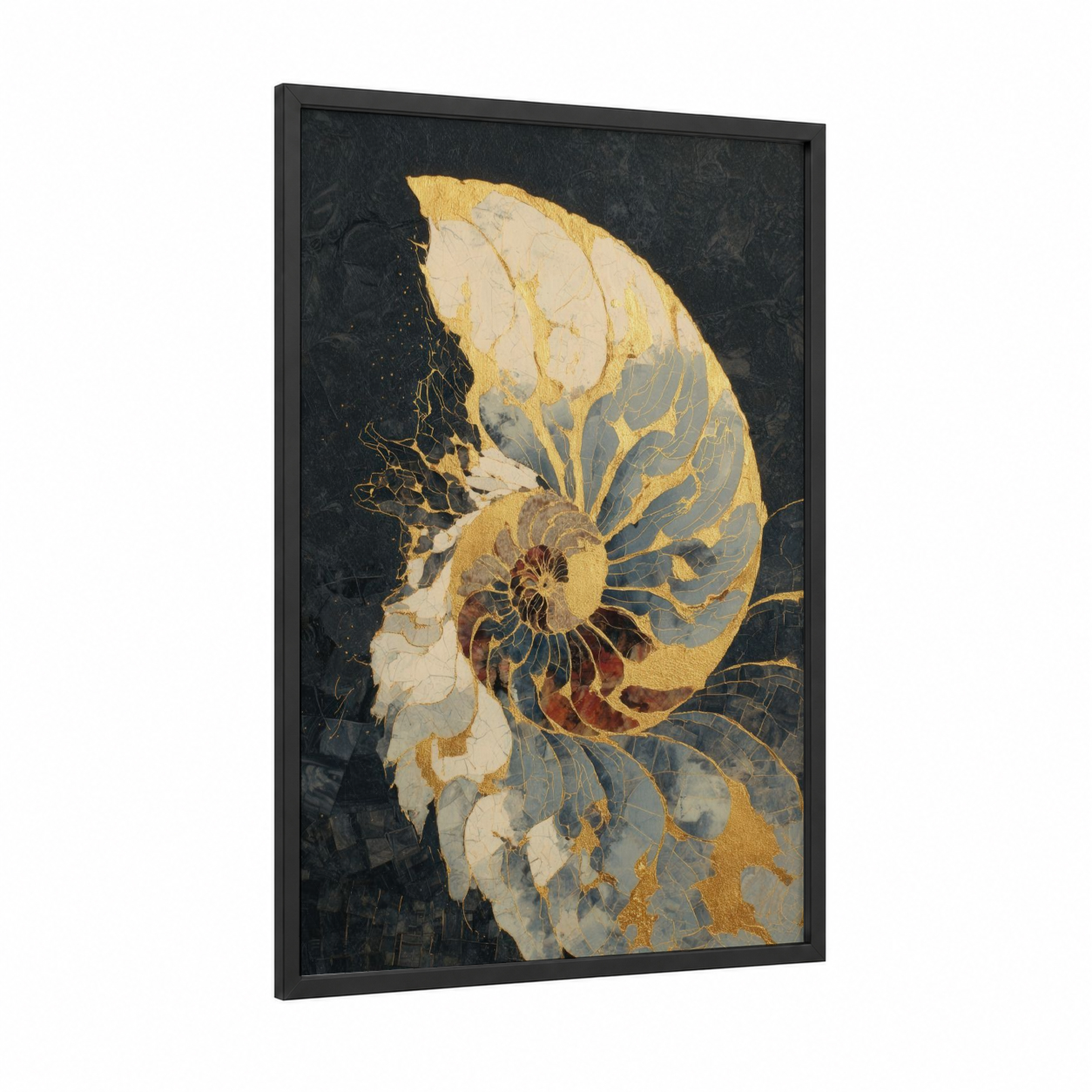 Golden Nautilus framed art print — black wood frame — gold and black and gold palette