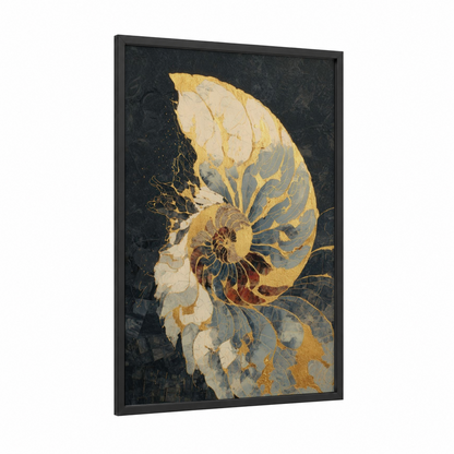 Golden Nautilus framed art print — black wood frame — gold and black and gold palette