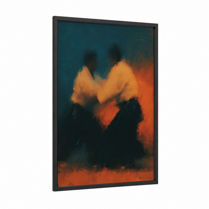 Dynamic Judo Match framed art print — black wood frame — orange and teal palette